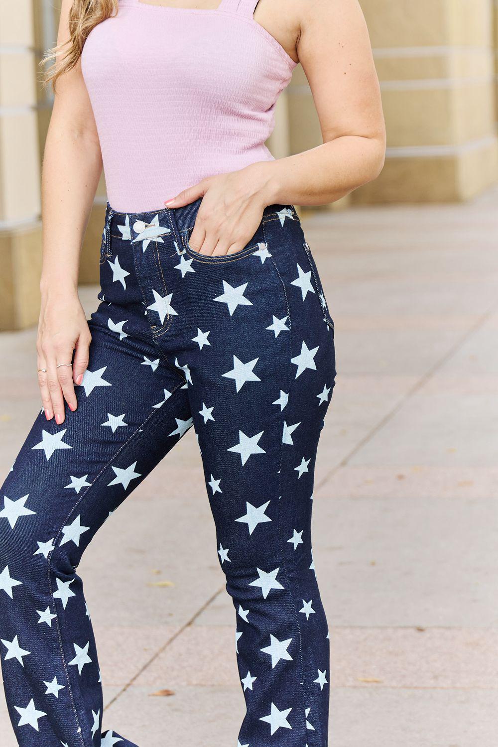 Judy Blue Janelle Full Size High Waist Star Print Flare Jeans BLUE ZONE PLANET