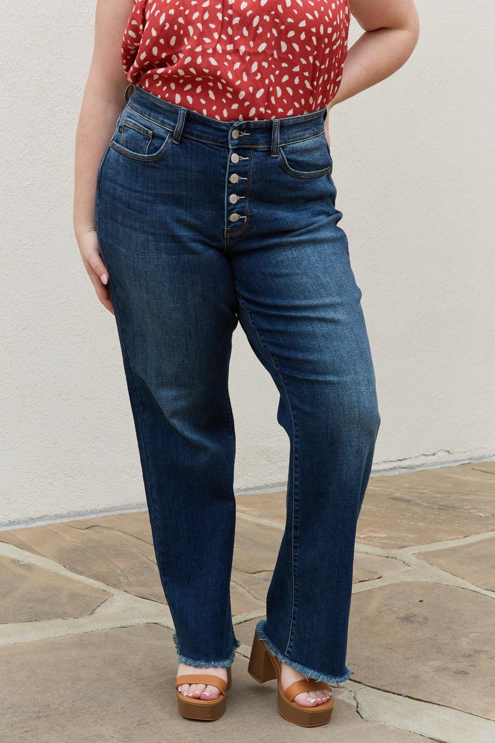 Judy Blue Pauline Full Size High Waisted Button Fly Wide Leg Jeans BLUE ZONE PLANET