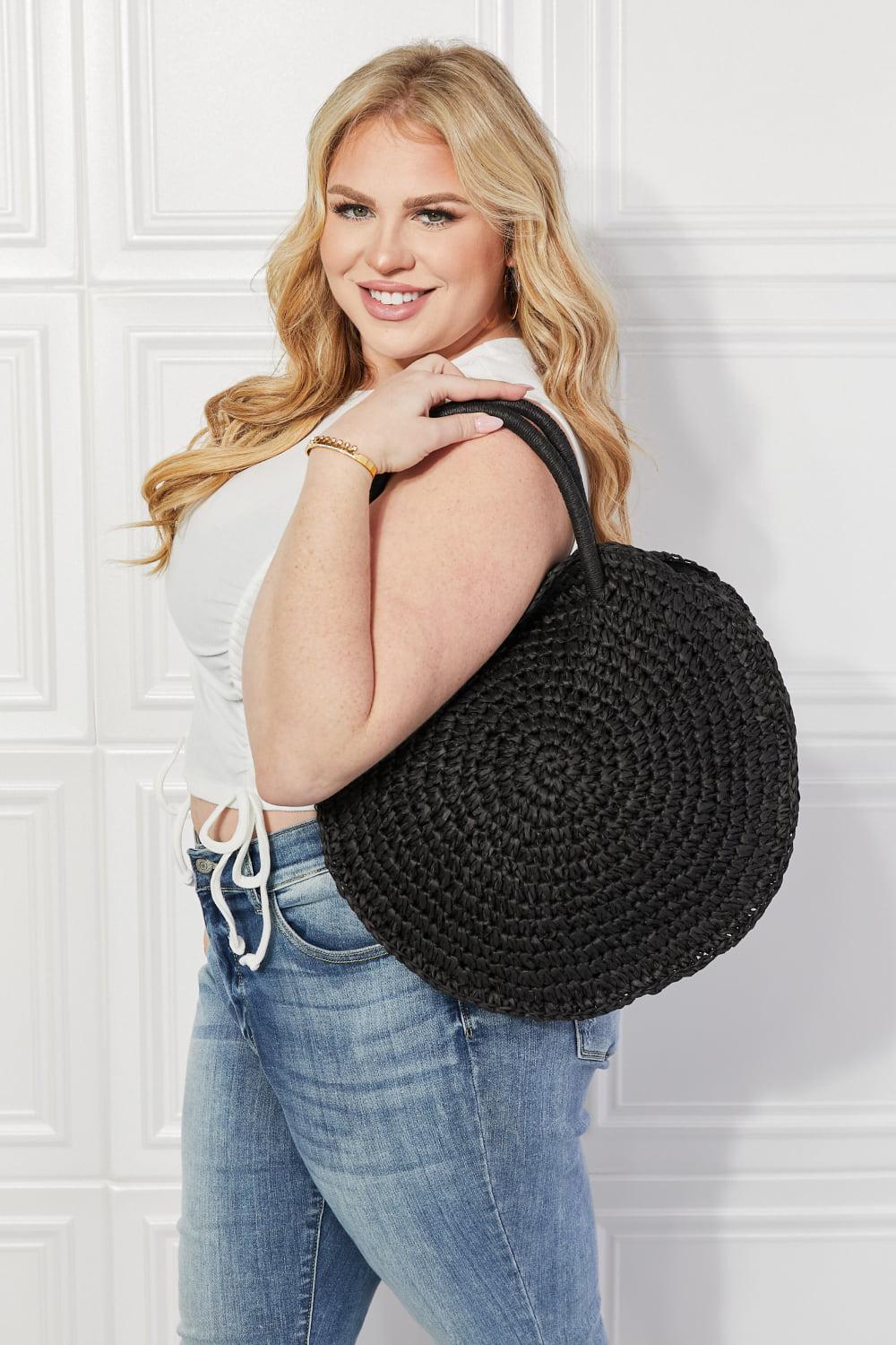 Justin Taylor Boho Beach Date Straw Rattan Handbag in Black BLUE ZONE PLANET