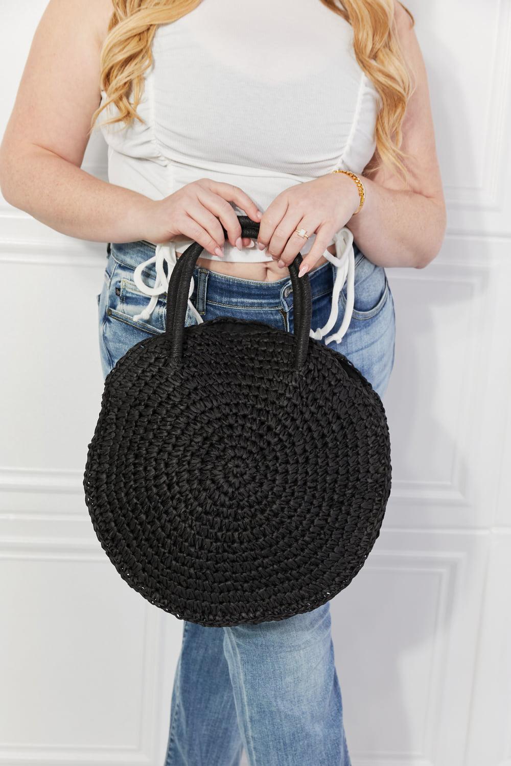 Justin Taylor Boho Beach Date Straw Rattan Handbag in Black BLUE ZONE PLANET