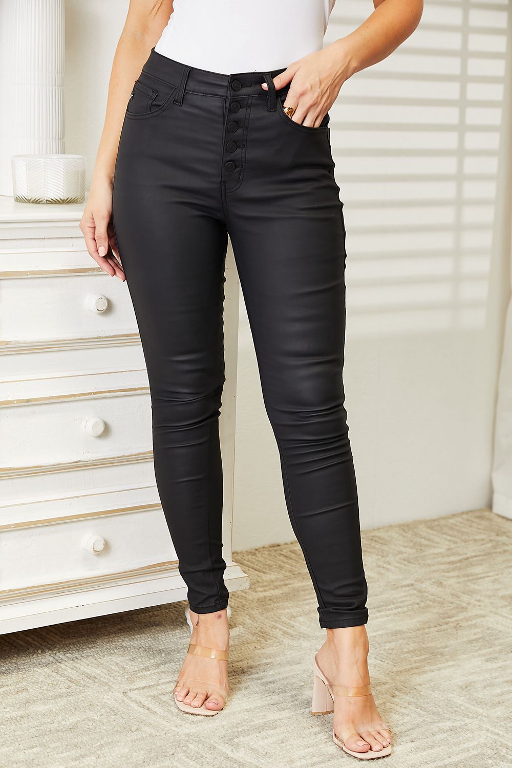 Kancan Full Size High Rise Black Coated Ankle Skinny Jeans BLUE ZONE PLANET