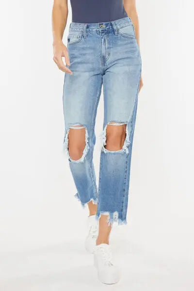 Kancan High Waist Chewed Up Straight Mom Jeans BLUE ZONE PLANET