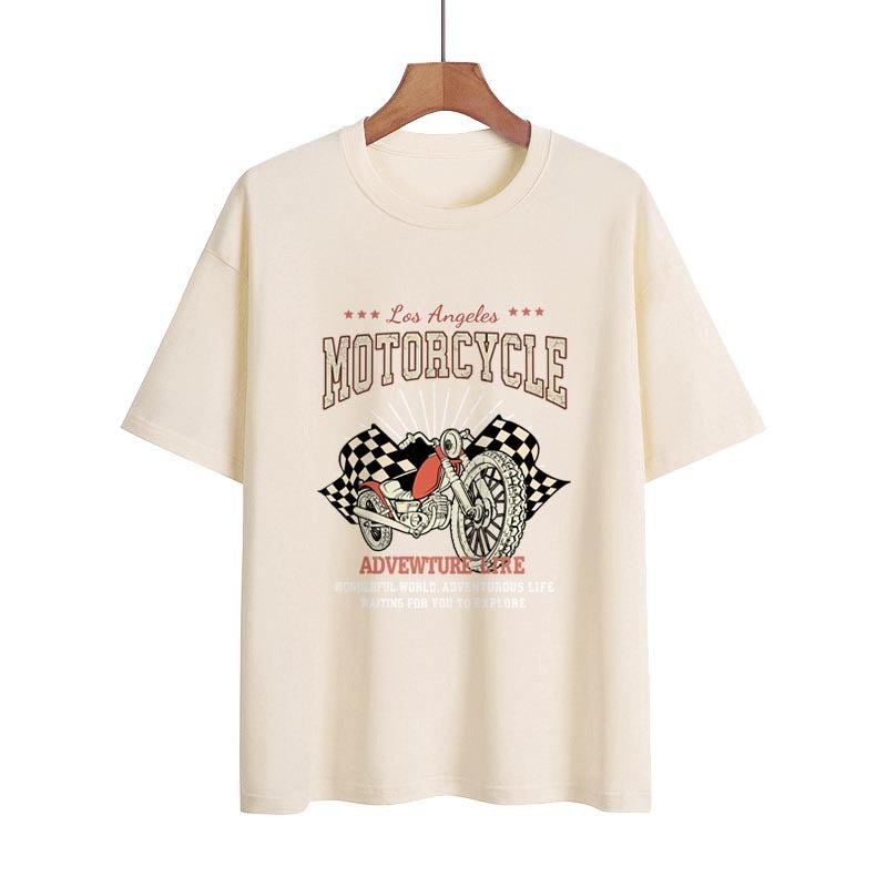 Blue Zone Planet | Street Retro Motorcycle Letter Print Collarless Loose T-Shirt BLUE ZONE PLANET