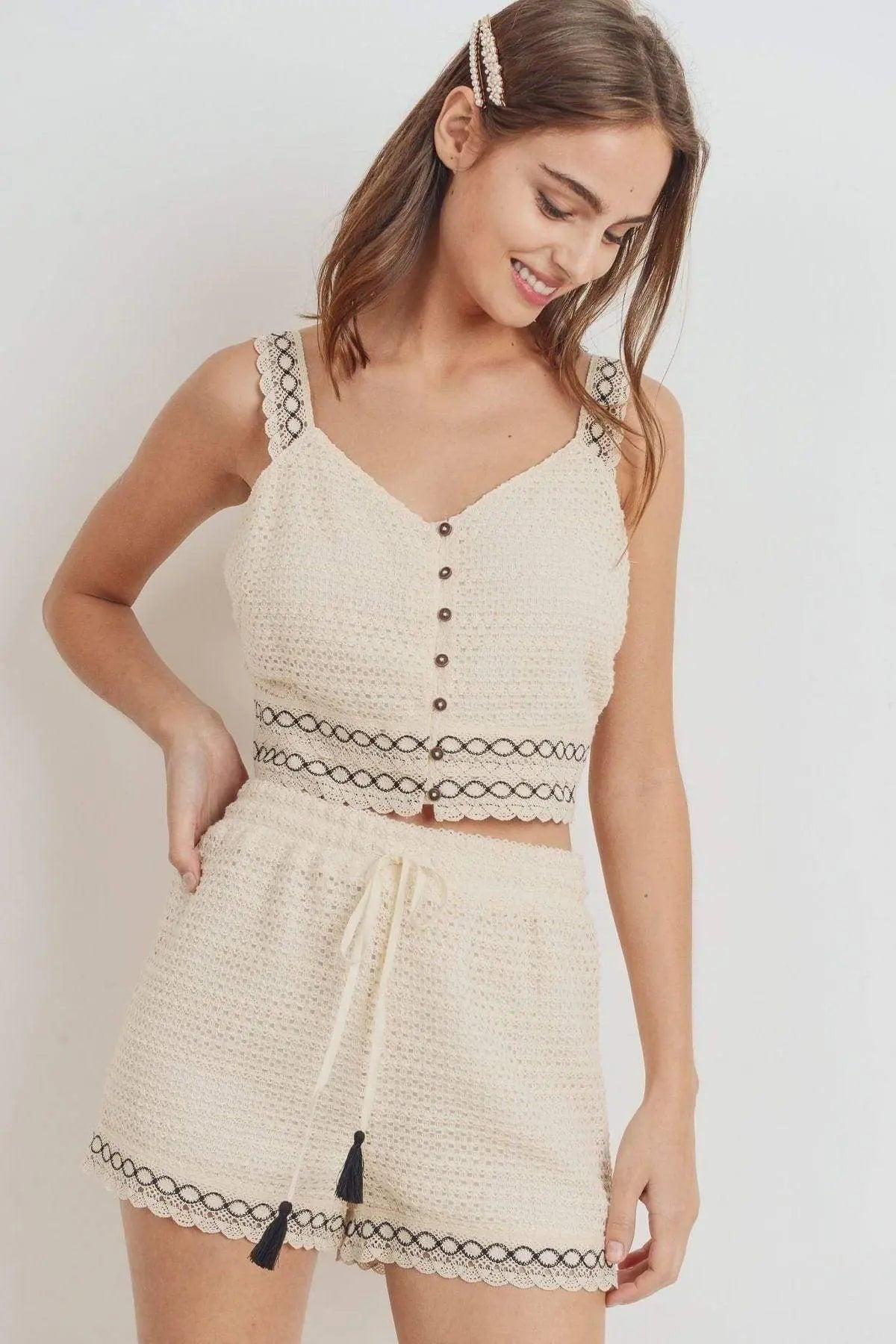 Knit Laced Buttoned Shoulder Strap Top Blue Zone Planet