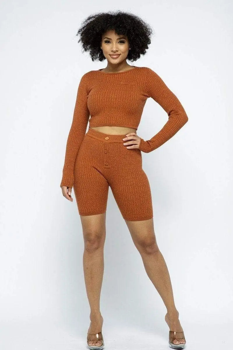Knit Long Sleeve Cropped Top Knit High-waist Biker Shorts Set Blue Zone Planet