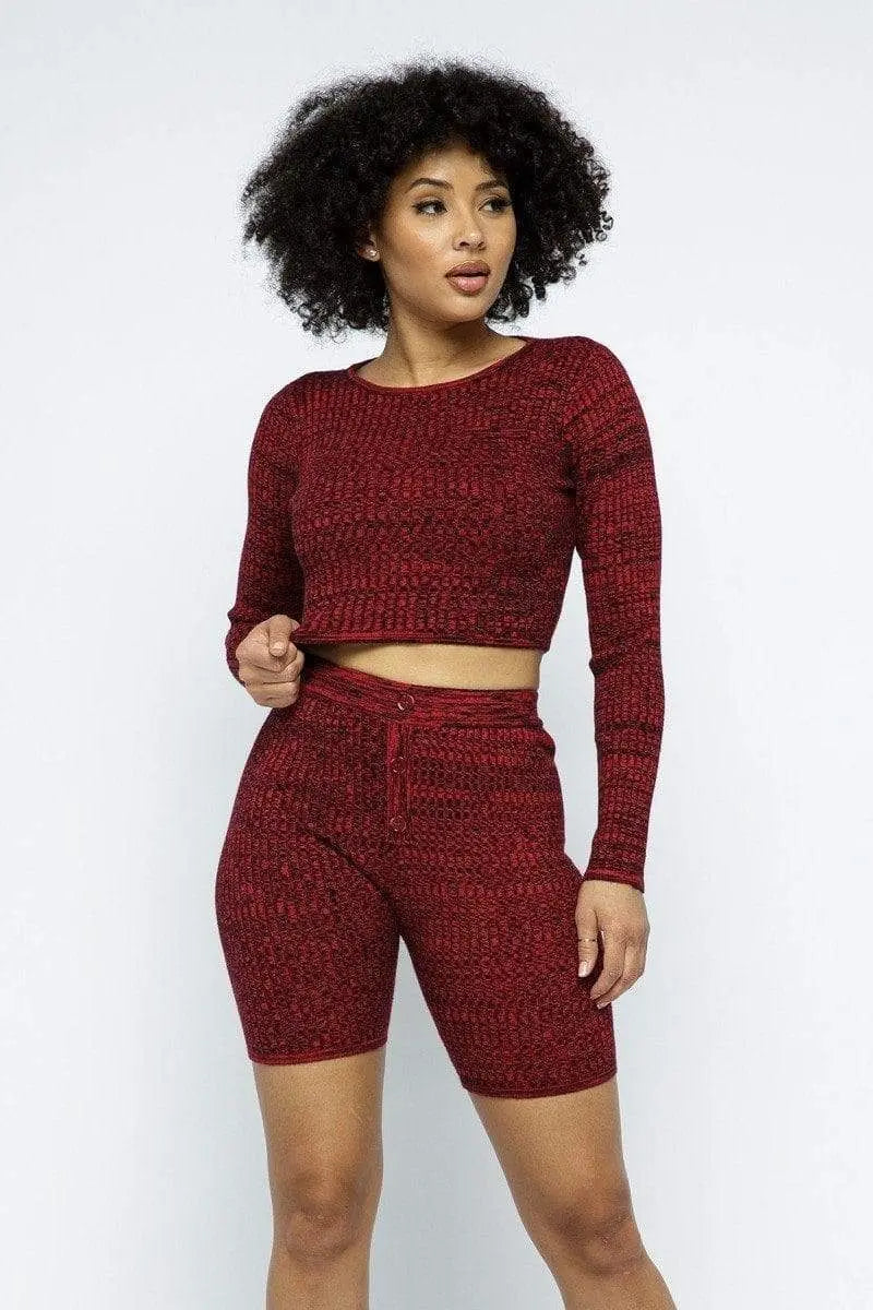 Knit Long Sleeve Cropped Top Knit High-waist Biker Shorts Set Blue Zone Planet