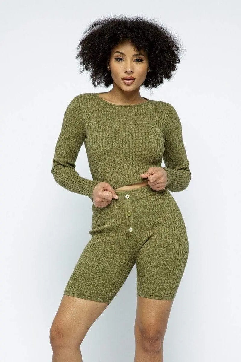 Knit Long Sleeve Cropped Top Knit High-waist Biker Shorts Set Blue Zone Planet