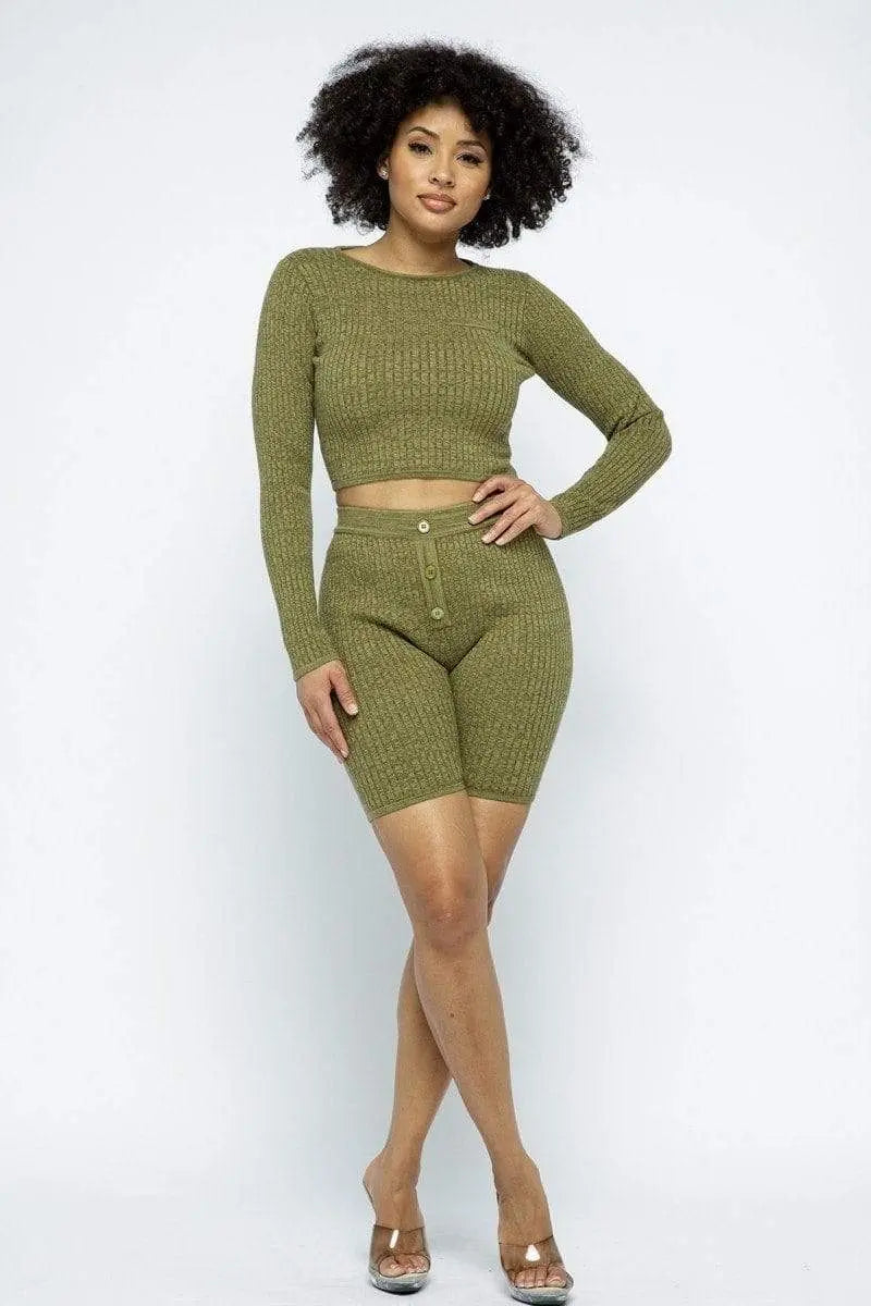 Knit Long Sleeve Cropped Top Knit High-waist Biker Shorts Set Blue Zone Planet