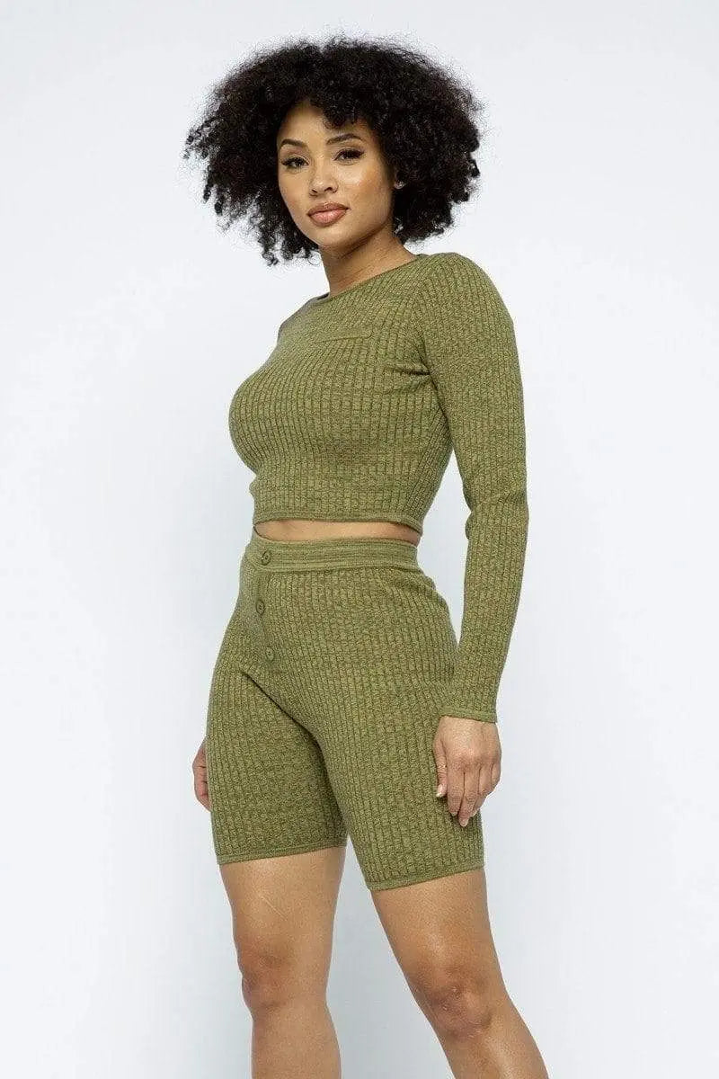 Knit Long Sleeve Cropped Top Knit High-waist Biker Shorts Set Blue Zone Planet