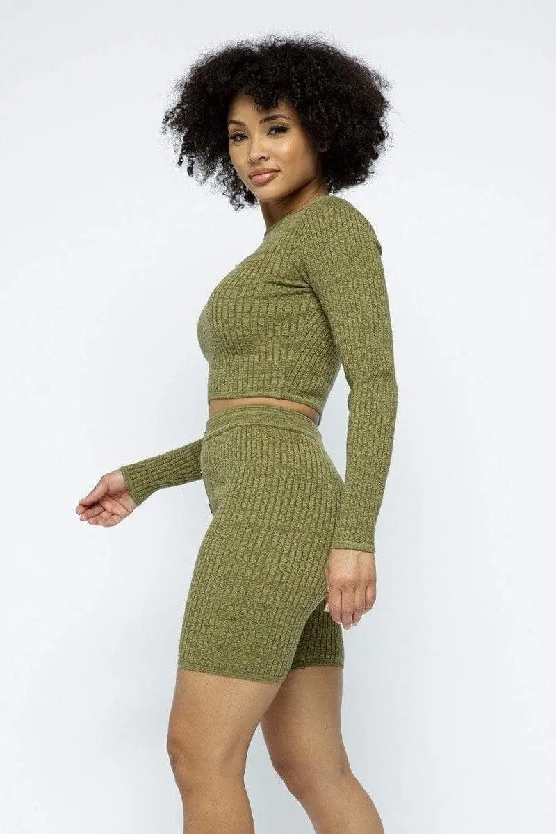 Knit Long Sleeve Cropped Top Knit High-waist Biker Shorts Set Blue Zone Planet
