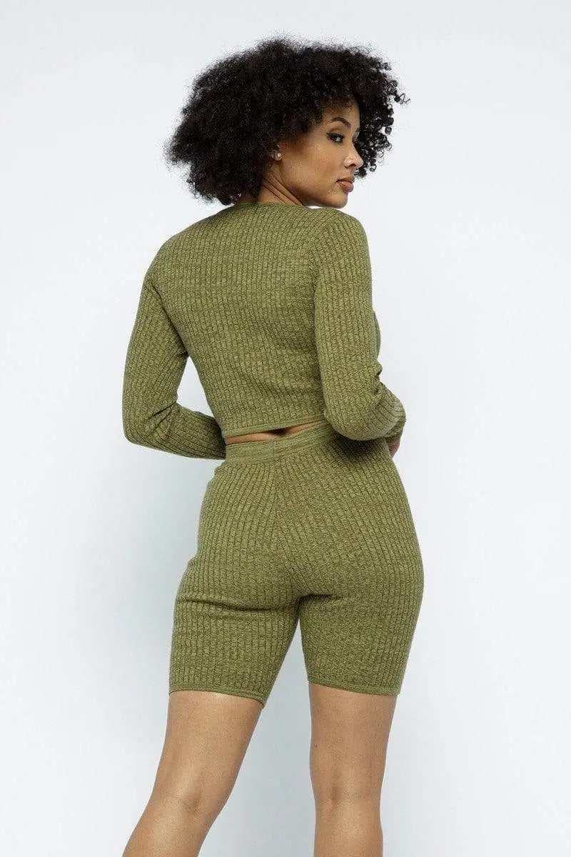 Knit Long Sleeve Cropped Top Knit High-waist Biker Shorts Set Blue Zone Planet