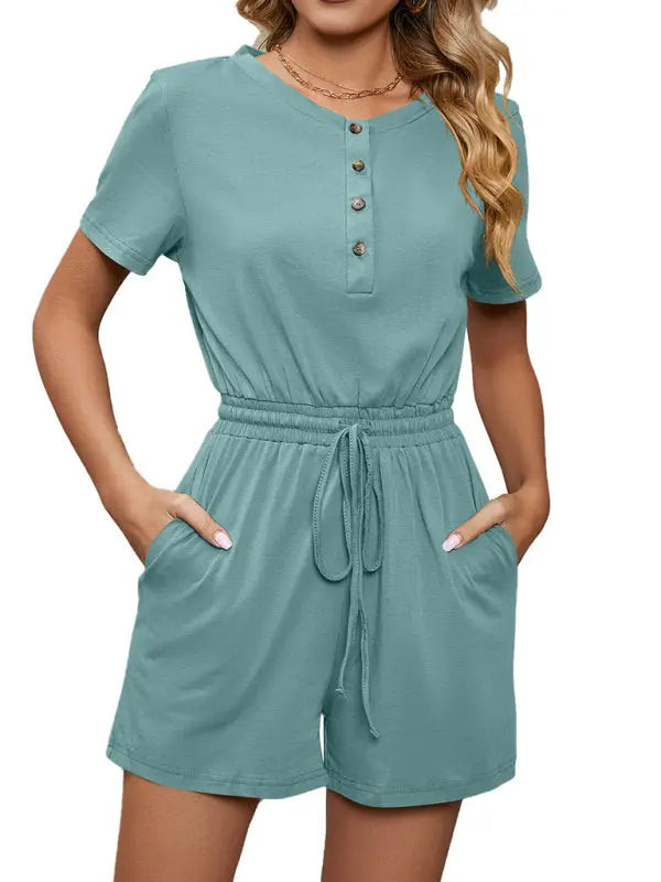 Knit Loose Short Sleeve Button Tie Jumpsuit kakaclo