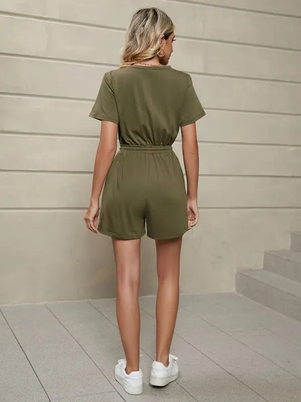 Knit Loose Short Sleeve Button Tie Jumpsuit kakaclo