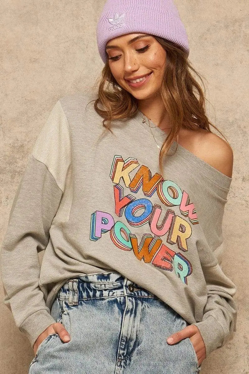 Know Your Power French Terry Knit Graphic Sweatshirt Blue Zone Planet
