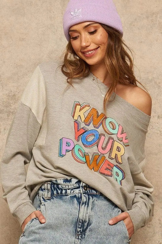 Know Your Power French Terry Knit Graphic Sweatshirt Blue Zone Planet