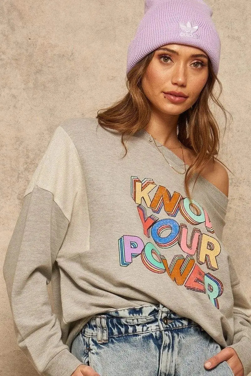 Know Your Power French Terry Knit Graphic Sweatshirt Blue Zone Planet