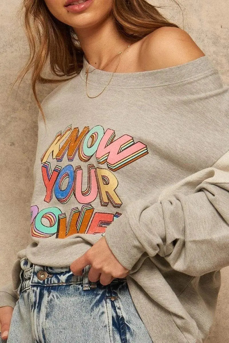 Know Your Power French Terry Knit Graphic Sweatshirt Blue Zone Planet
