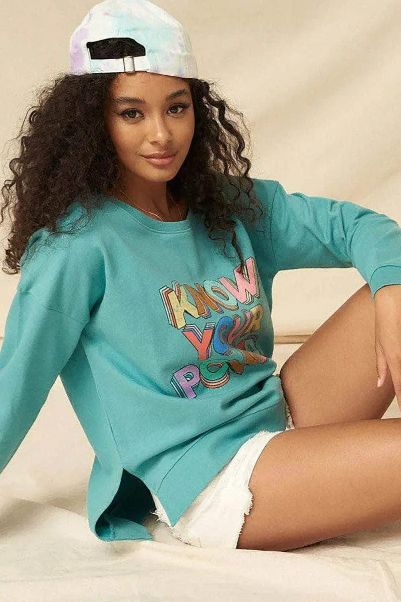 Know your power Mineral Washed French Terry Sweater Blue Zone Planet