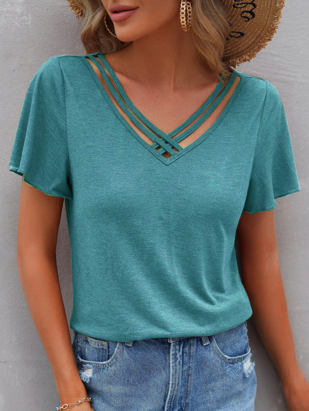 Blue Zone Planet | Solid Color Ruffle Sleeve Short Sleeve Top T-Shirt BLUE ZONE PLANET