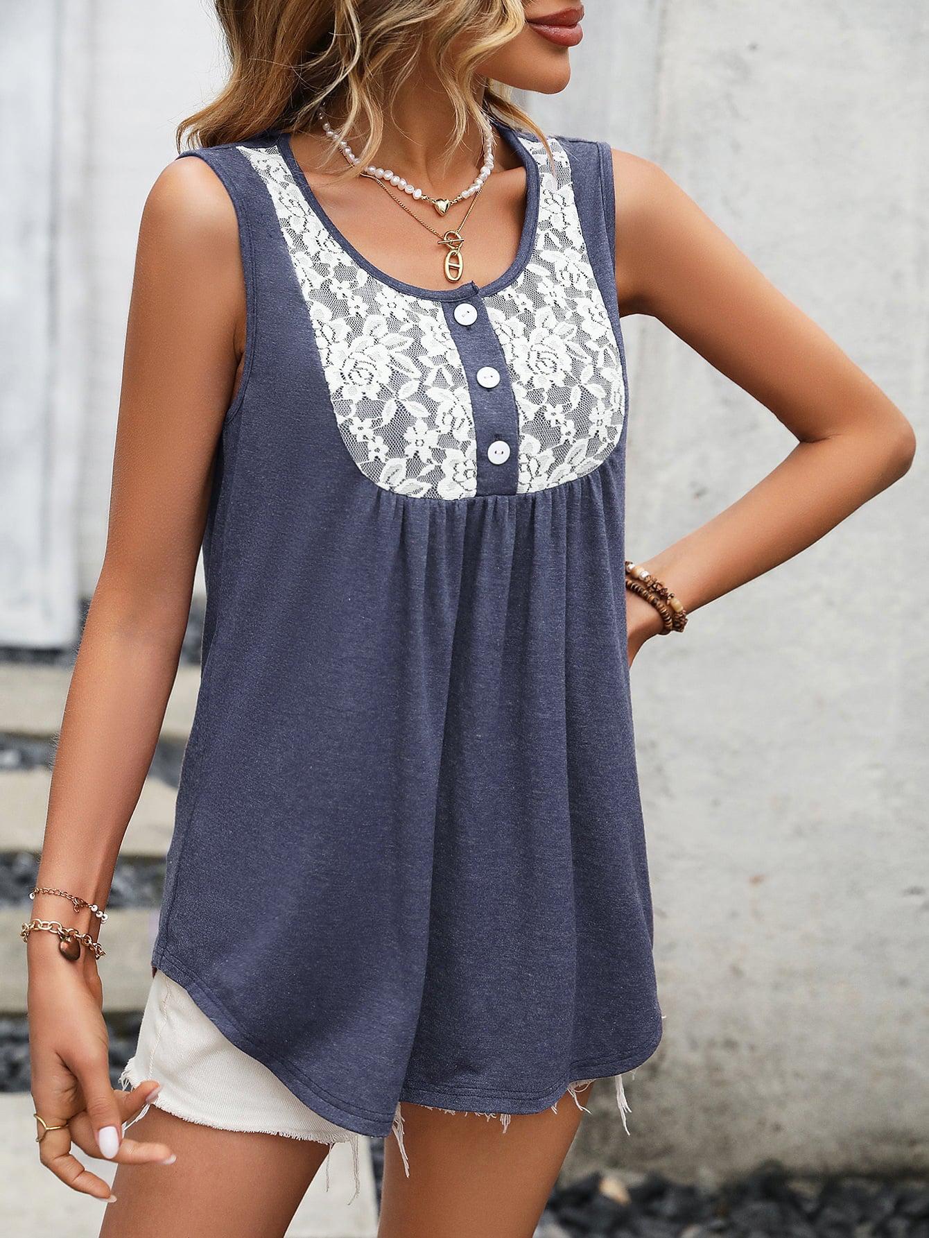 Lace Contrast Scoop Neck Tank BLUE ZONE PLANET