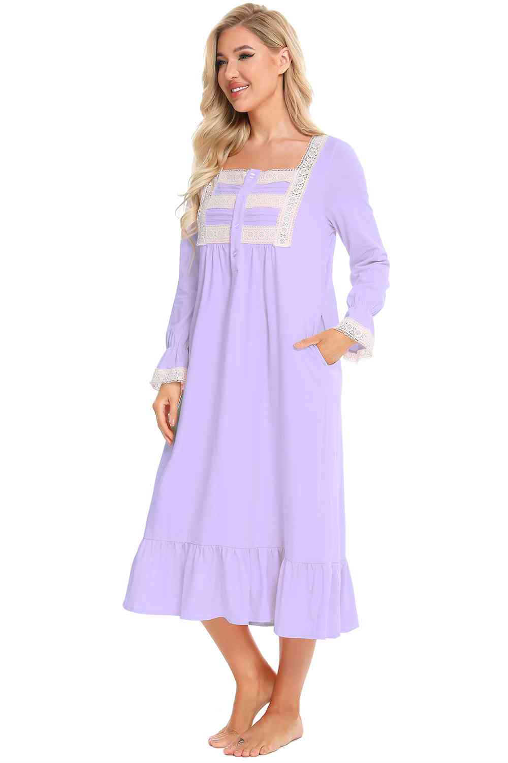 Lace Detail Square Neck Flounce Sleeve Night Dress BLUE ZONE PLANET