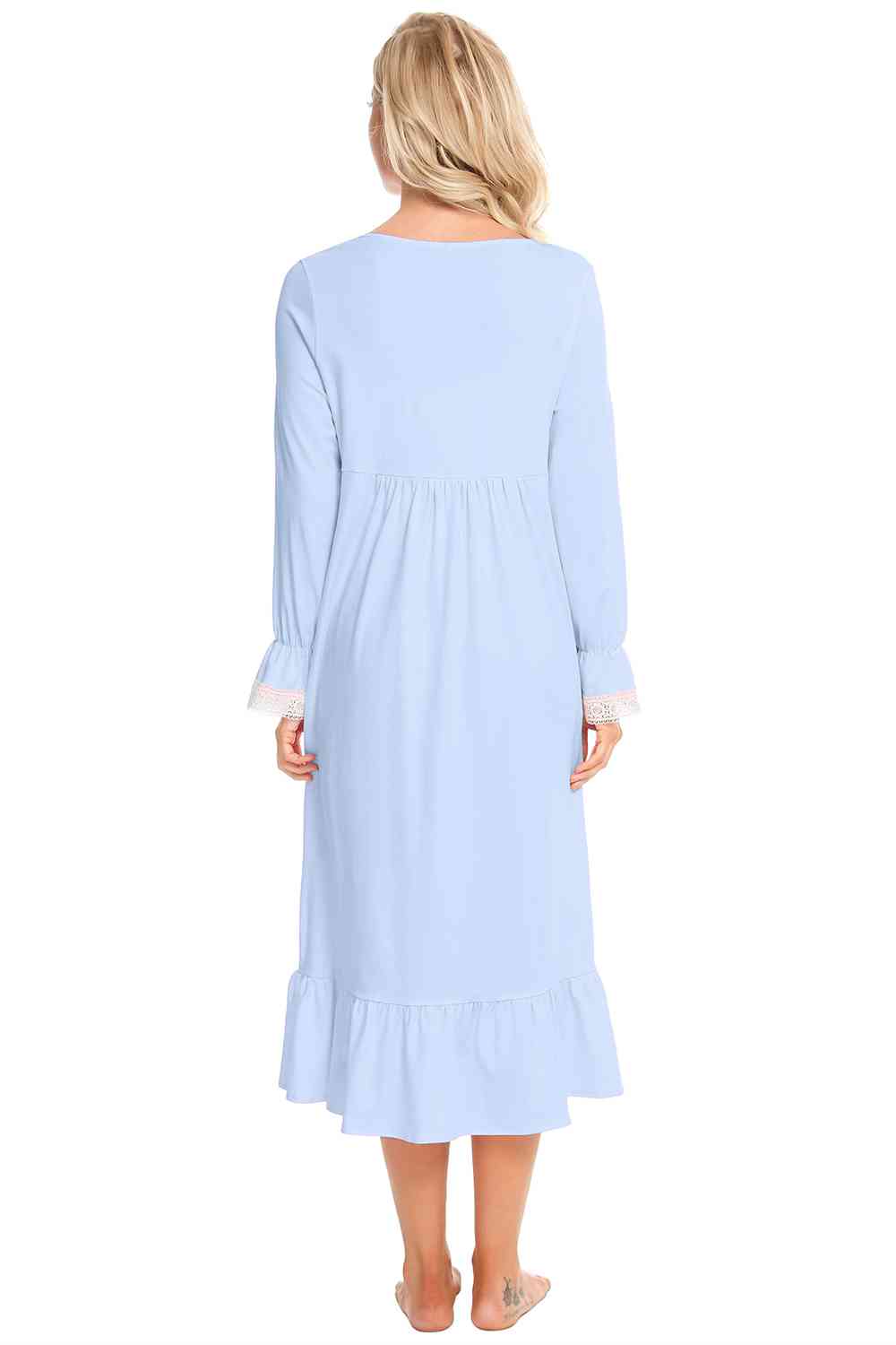 Lace Detail Square Neck Flounce Sleeve Night Dress BLUE ZONE PLANET