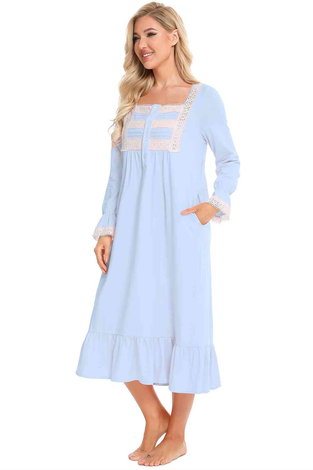 Lace Detail Square Neck Flounce Sleeve Night Dress BLUE ZONE PLANET