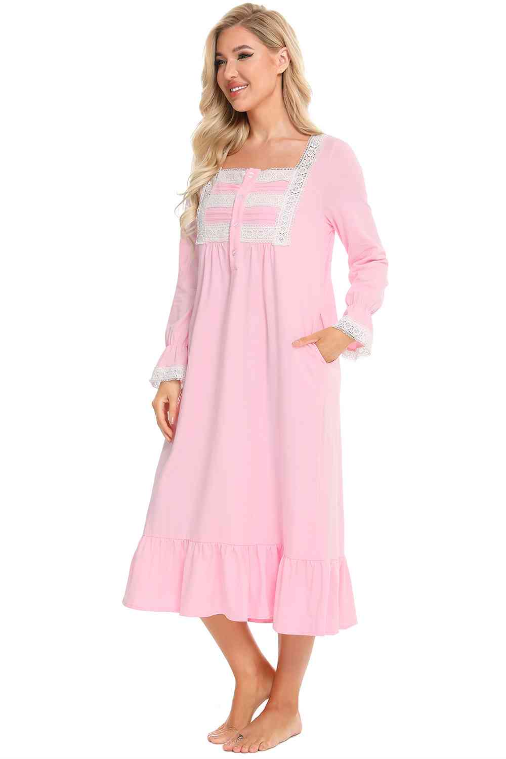 Lace Detail Square Neck Flounce Sleeve Night Dress BLUE ZONE PLANET