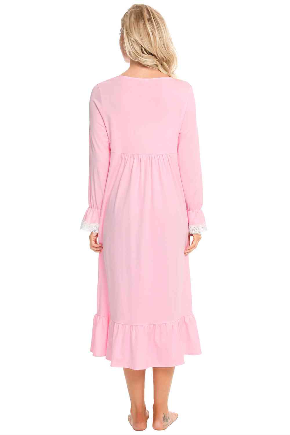 Lace Detail Square Neck Flounce Sleeve Night Dress BLUE ZONE PLANET
