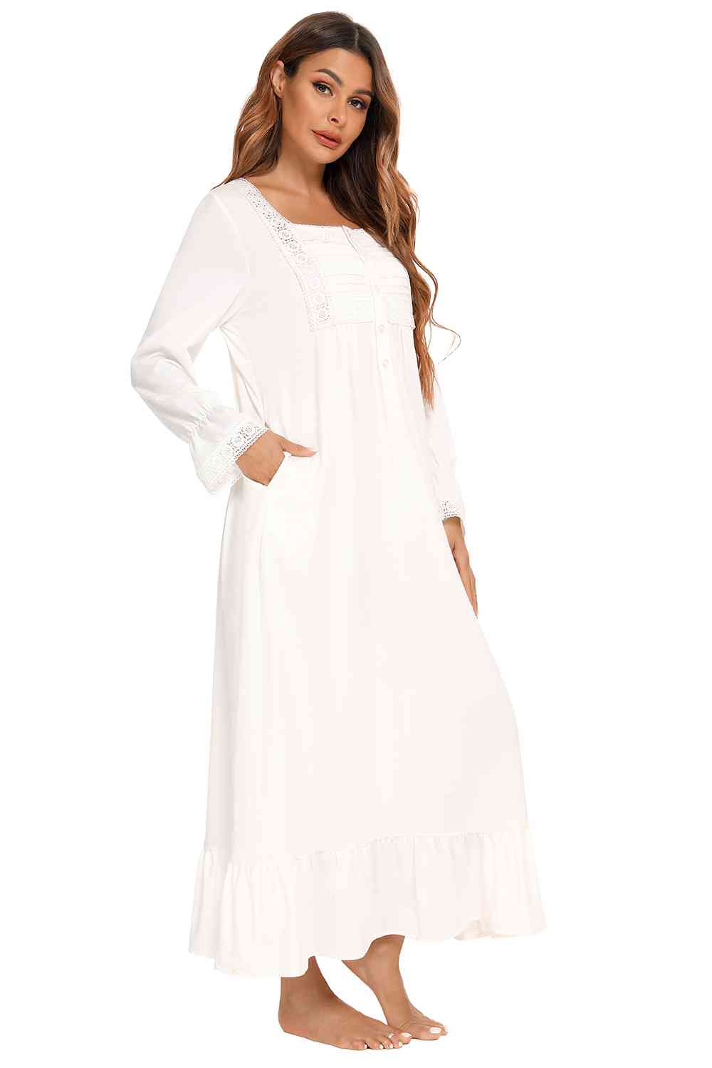 Lace Detail Square Neck Flounce Sleeve Night Dress BLUE ZONE PLANET