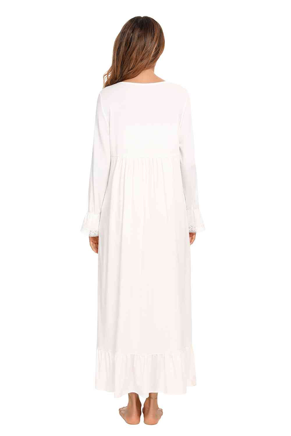 Lace Detail Square Neck Flounce Sleeve Night Dress BLUE ZONE PLANET