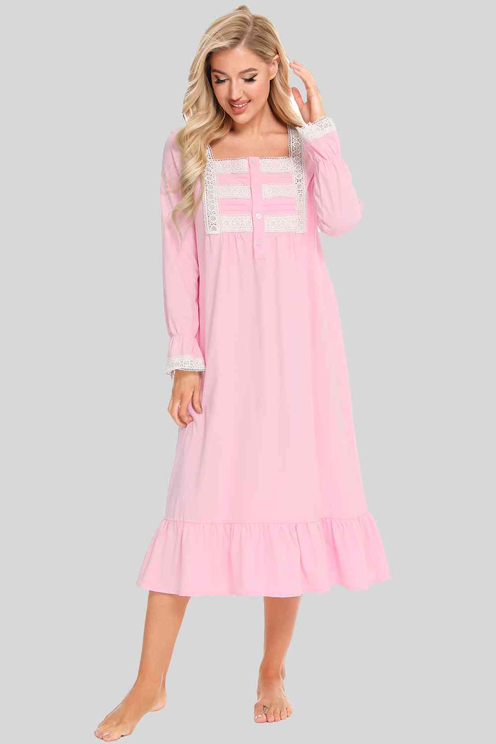 Lace Detail Square Neck Flounce Sleeve Night Dress BLUE ZONE PLANET