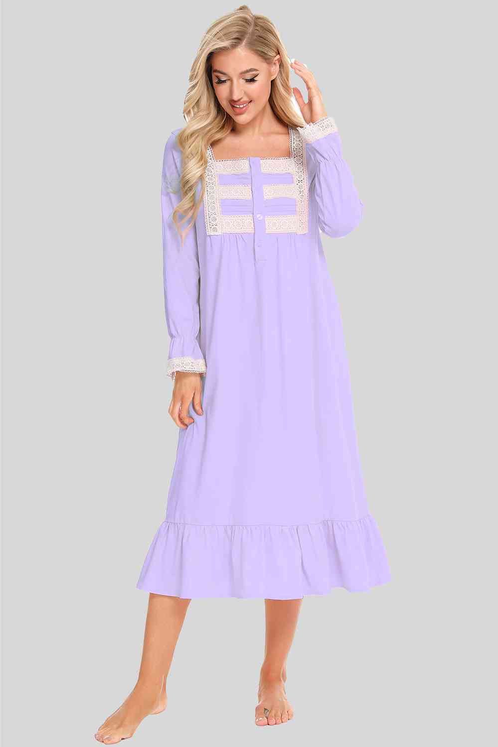 Lace Detail Square Neck Flounce Sleeve Night Dress BLUE ZONE PLANET