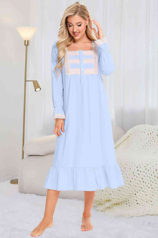 Lace Detail Square Neck Flounce Sleeve Night Dress BLUE ZONE PLANET