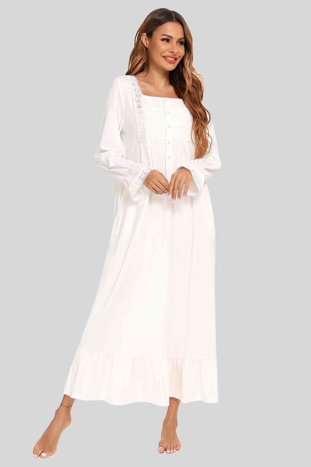 Lace Detail Square Neck Flounce Sleeve Night Dress BLUE ZONE PLANET