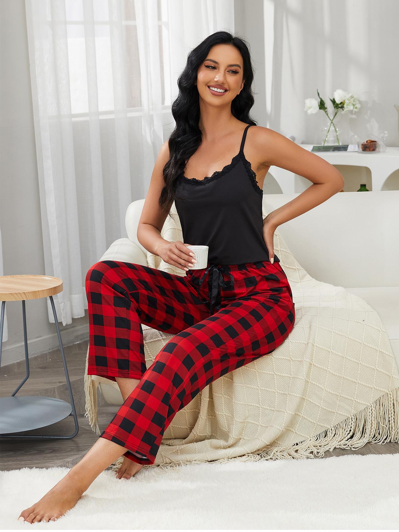 Lace Trim Cami and Plaid Pants Lounge Set BLUE ZONE PLANET