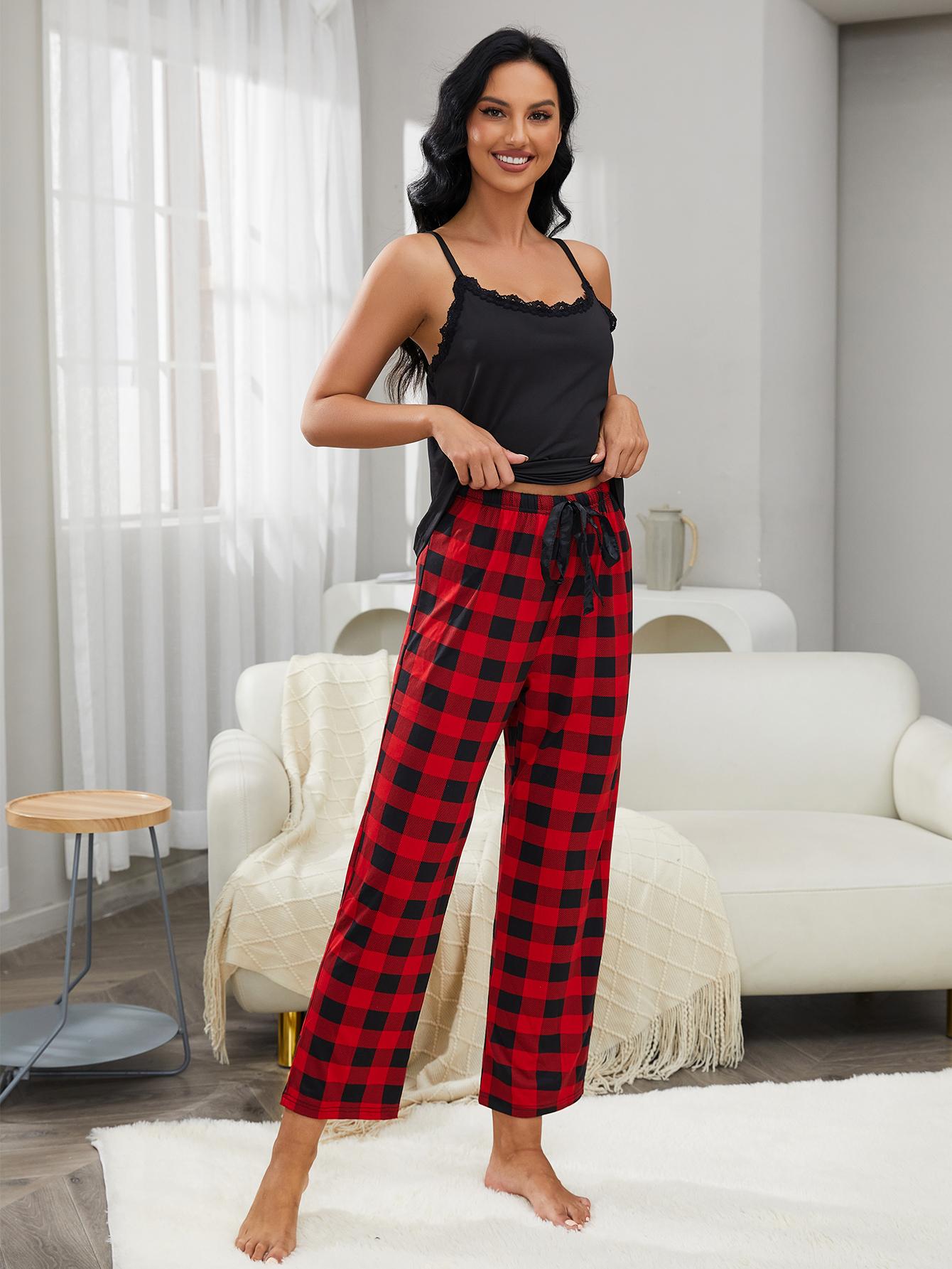 Lace Trim Cami and Plaid Pants Lounge Set BLUE ZONE PLANET