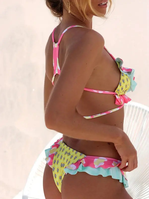 Lace Two-piece Triangle Bikini Print Swimsuit set BLUE ZONE PLANET