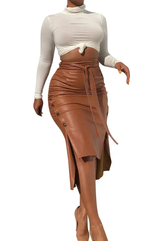 Ladies Fashion Slit Mid Length Slim Skirt kakaclo