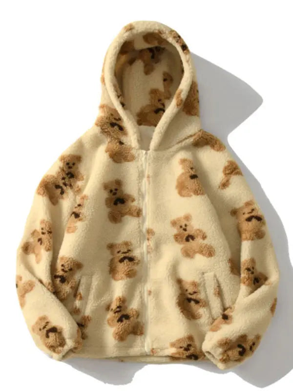Ladies Hooded Thick Casual Cartoon Pattern Bear Zipper Pocket Plush Sweater kakaclo