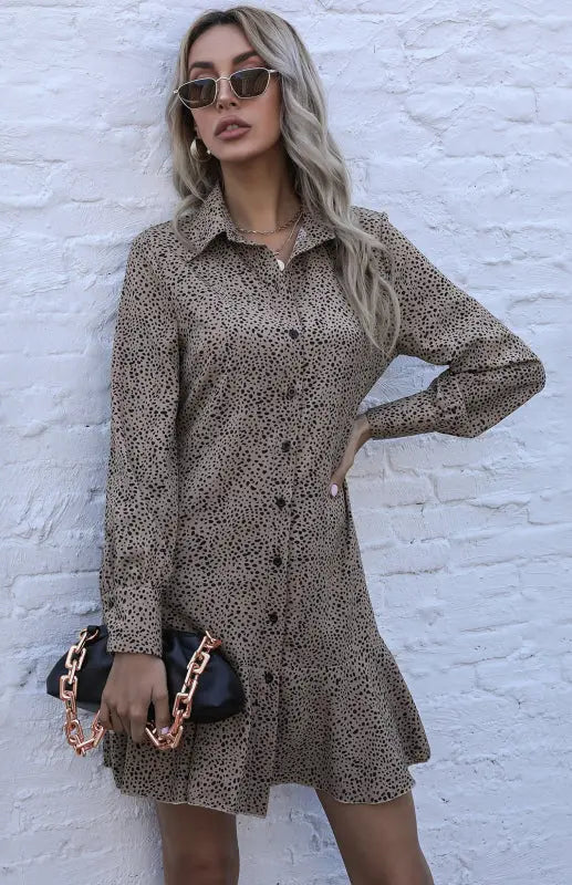 Ladies Long Sleeve Leopard Print Lapel Pleated Shirt Dress kakaclo