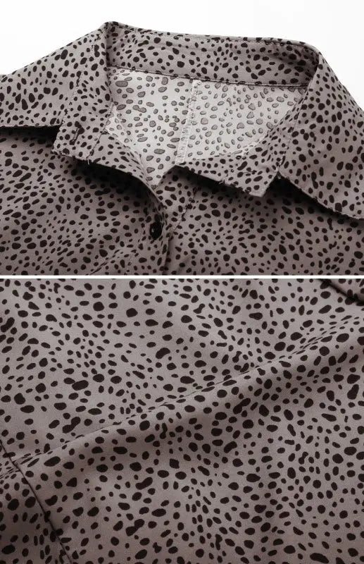 Ladies Long Sleeve Leopard Print Lapel Pleated Shirt Dress kakaclo