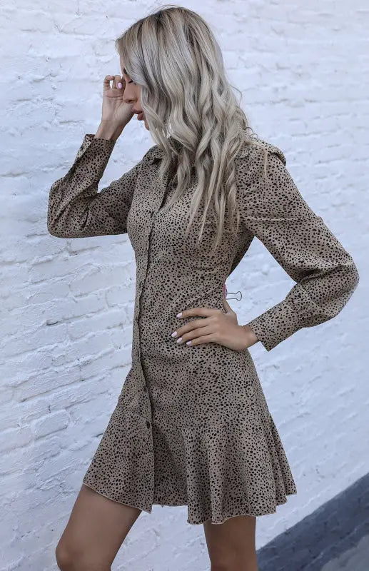 Ladies Long Sleeve Leopard Print Lapel Pleated Shirt Dress kakaclo