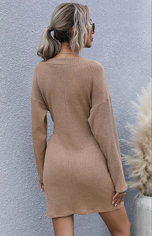 Ladies Long Sleeve Solid Color V-Neck Knit Sweater Dress BLUE ZONE PLANET