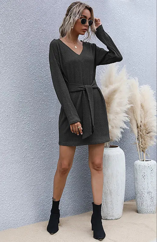 Ladies Long Sleeve Solid Color V-Neck Knit Sweater Dress BLUE ZONE PLANET
