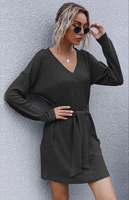 Ladies Long Sleeve Solid Color V-Neck Knit Sweater Dress BLUE ZONE PLANET