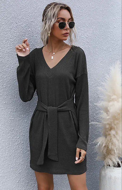 Ladies Long Sleeve Solid Color V-Neck Knit Sweater Dress BLUE ZONE PLANET