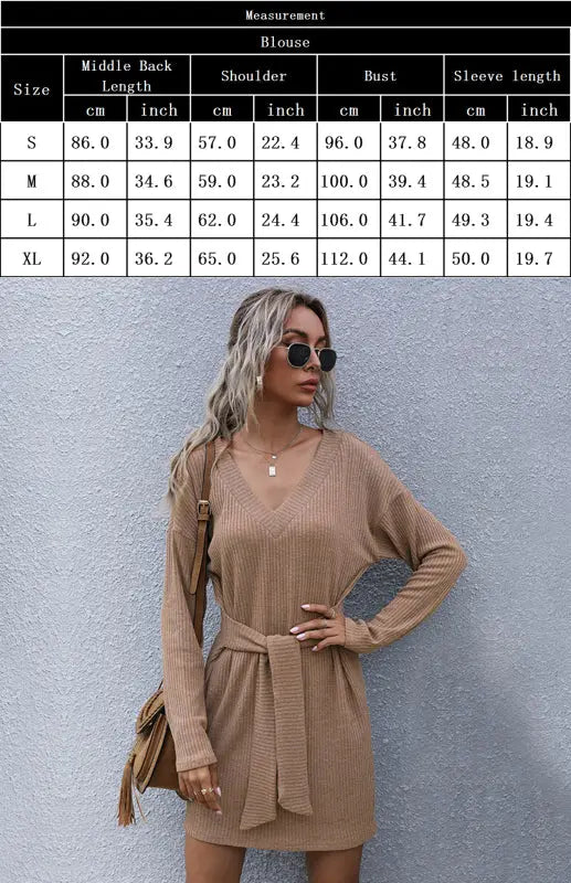 Ladies Long Sleeve Solid Color V-Neck Knit Sweater Dress BLUE ZONE PLANET