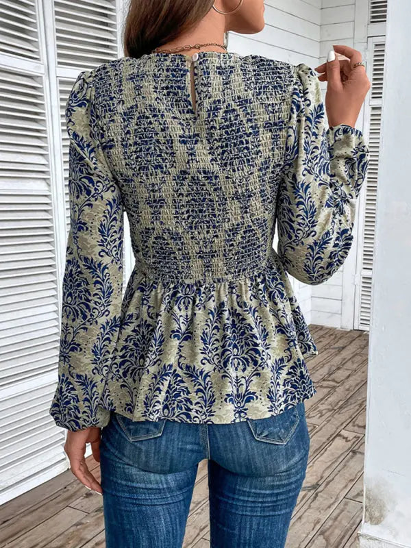 Ladies New Round Neck Elegant Slim Long Sleeve Print kakaclo