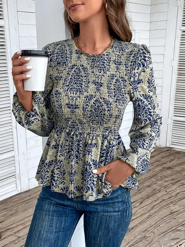 Ladies New Round Neck Elegant Slim Long Sleeve Print kakaclo